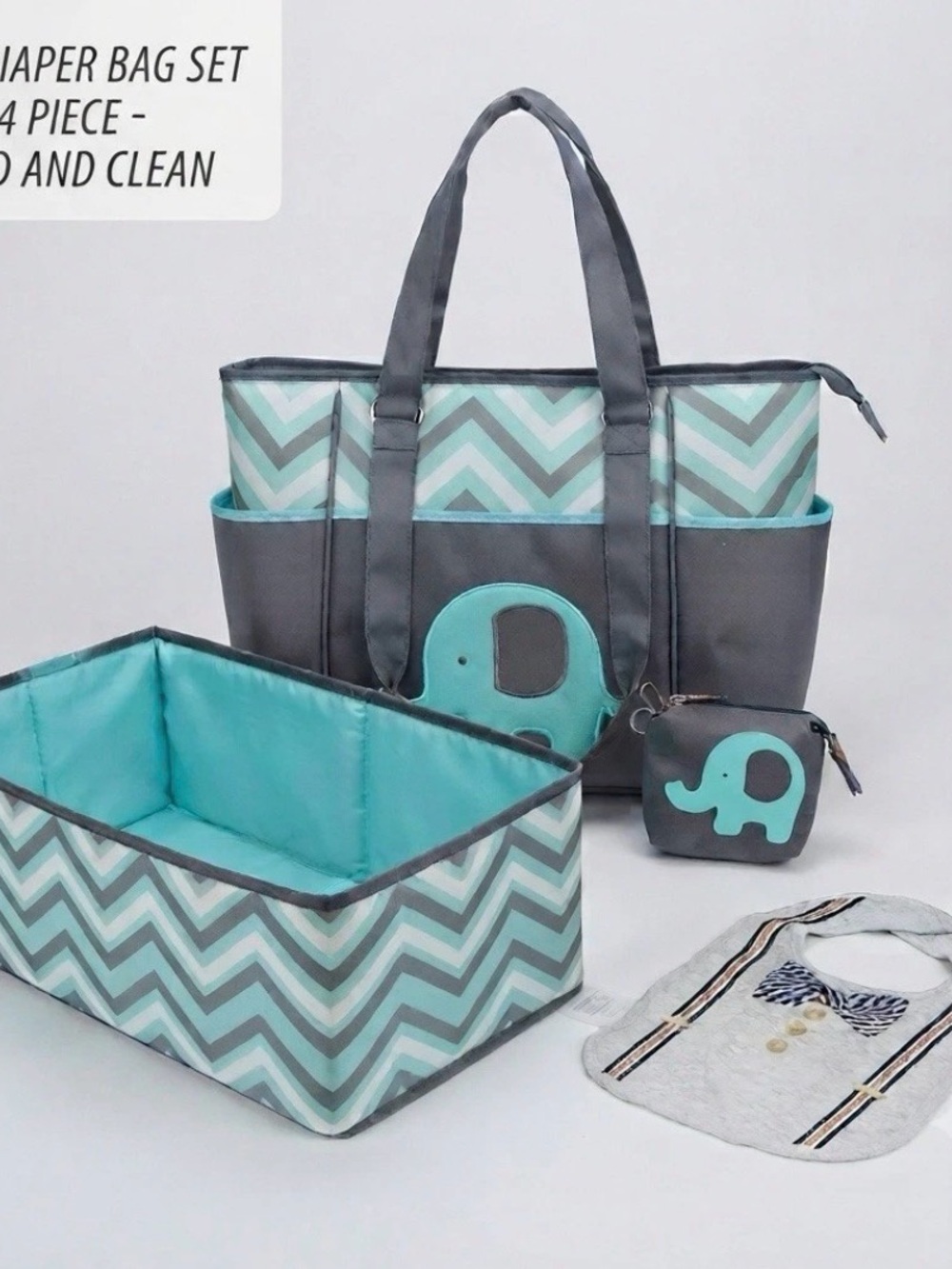 Diaper Bag Set Chevron Elephant 4 Piece Bassinet Pouch, Baby Bib Good Condition